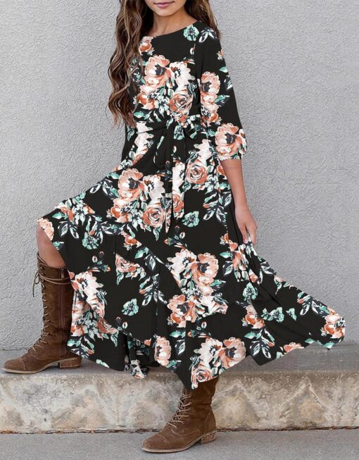 KYMIDY Girls Floral Maxi Dress - Boho Kids Dress with Pockets & Belt (Sizes 6-12) - Image 2