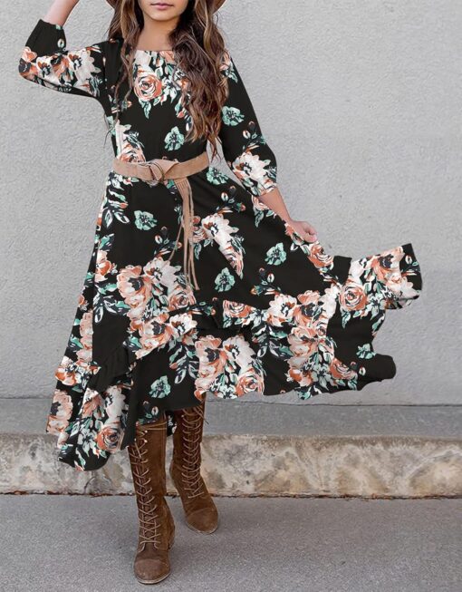 KYMIDY Girls Floral Maxi Dress - Boho Kids Dress with Pockets & Belt (Sizes 6-12) - Image 3