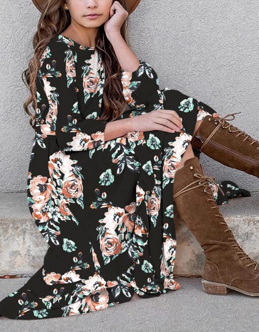 KYMIDY Girls Floral Maxi Dress - Boho Kids Dress with Pockets & Belt (Sizes 6-12) - Image 4