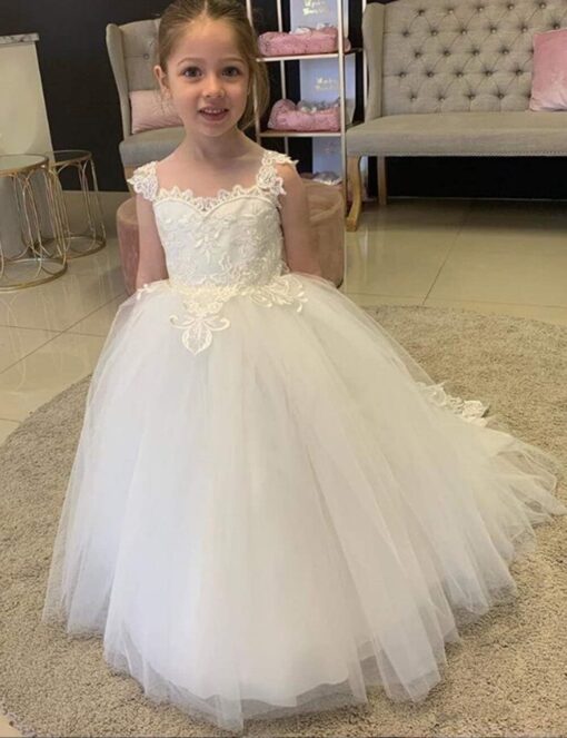 Lace Flower Girl Dress Sheer Neck Princess Ball Gown Kids Pageant Sweep Train - Image 2