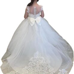 Lace Flower Girl Dress Sheer Neck Princess Ball Gown Kids Pageant Sweep Train