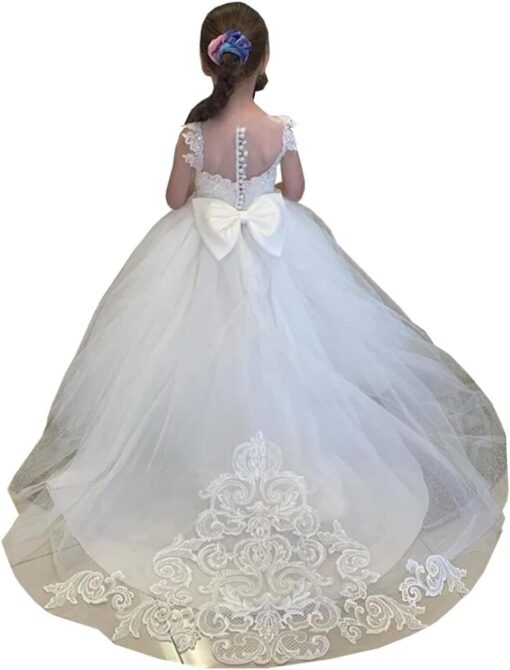 Lace Flower Girl Dress Sheer Neck Princess Ball Gown Kids Pageant Sweep Train