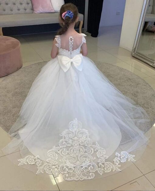 Lace Flower Girl Dress Sheer Neck Princess Ball Gown Kids Pageant Sweep Train - Image 3