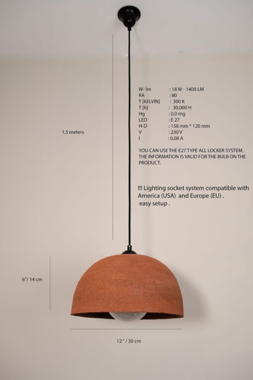 Large Terracotta Dome Pendant Light - Handmade Stoneware Chandelier - Wabi Sabi Modern Lighting - New Home Item - Image 3