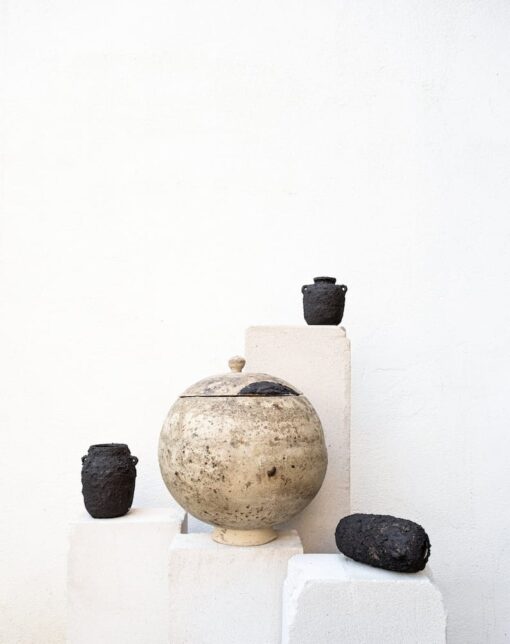 Large White Ceramic Vase with Lid - Textured Rustic Stoneware Flower Pot - Antique Contemporary Pottery Decor