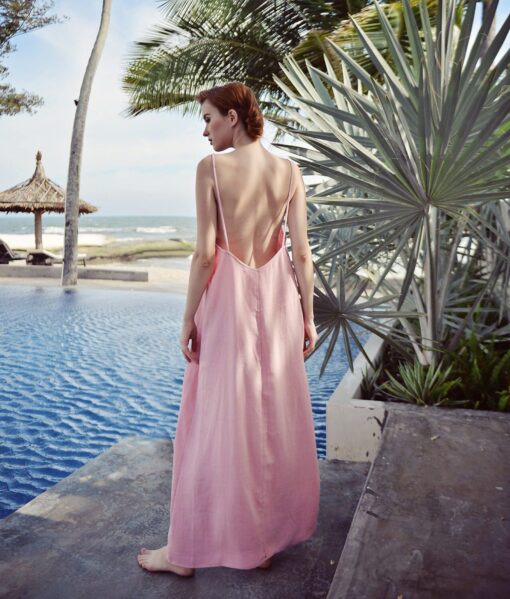 Linen Slip Dress Women's Open Back Maxi Summer Cotton Dress - Image 3