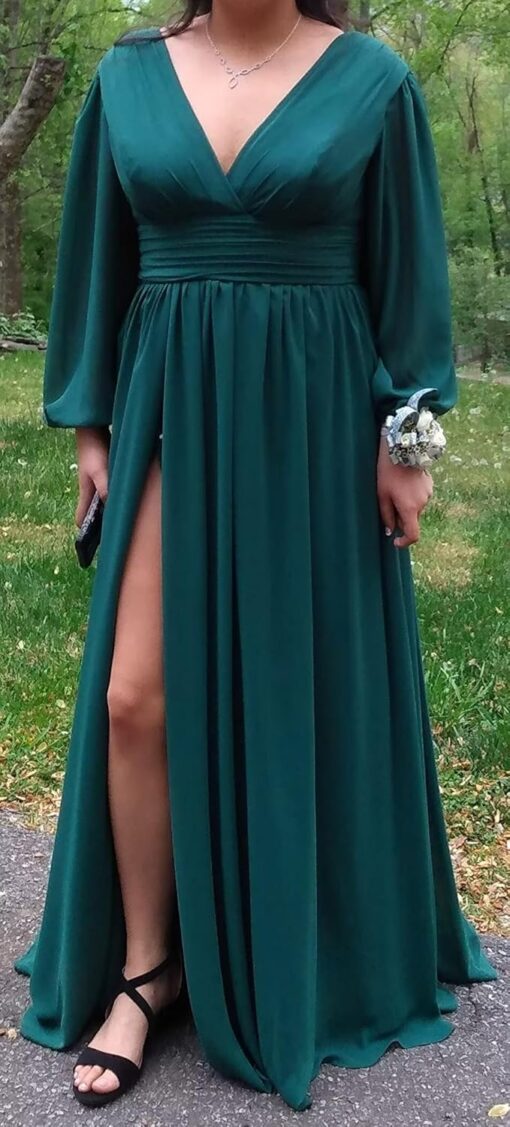 Miao Duo Women's Long Sleeve Prom Dress V Neck Split Evening Gown with Pockets - YZTS019 - Image 4
