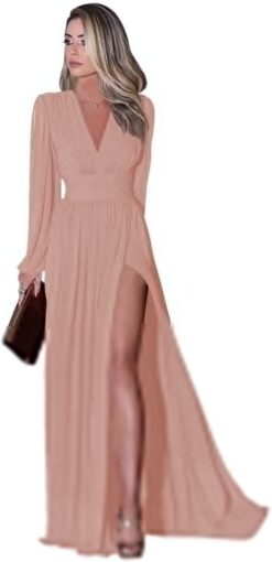 Miao Duo Women's Long Sleeve Prom Dress V Neck Split Evening Gown with Pockets - YZTS019