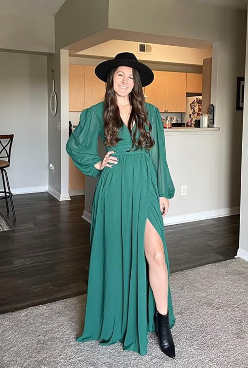 Miao Duo Women's Long Sleeve Prom Dress V Neck Split Evening Gown with Pockets - YZTS019 - Image 3