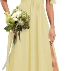 Off Shoulder Bridesmaid Dress Long Chiffon A-Line Formal Gown with Slit & Pockets - Dessiny DE01