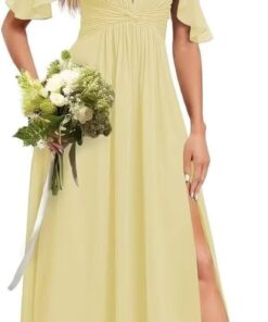 Off Shoulder Bridesmaid Dress Long Chiffon A-Line Formal Gown with Slit & Pockets - Dessiny DE01