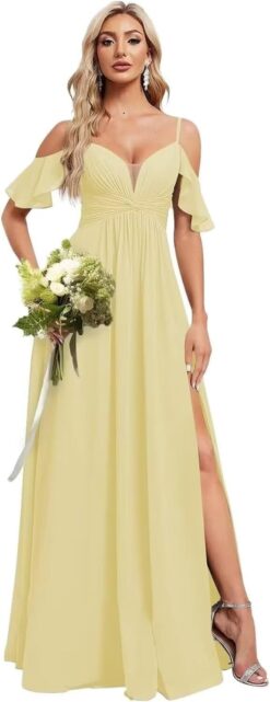 Off Shoulder Bridesmaid Dress Long Chiffon A-Line Formal Gown with Slit & Pockets - Dessiny DE01