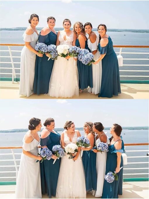 Off Shoulder Bridesmaid Dress Long Chiffon A-Line Formal Gown with Slit & Pockets - Dessiny DE01 - Image 4