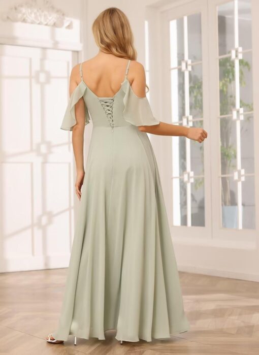 Off Shoulder Bridesmaid Dress Long Chiffon A-Line Formal Gown with Slit & Pockets - Dessiny DE01 - Image 2