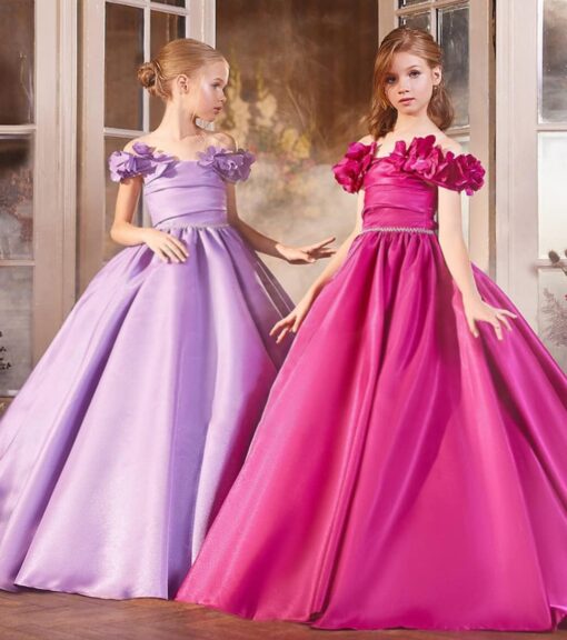 Off Shoulder Flower Girl Dress Wedding Satin Princess Gown with Pockets - Kids Pageant Ball Gown - Image 2