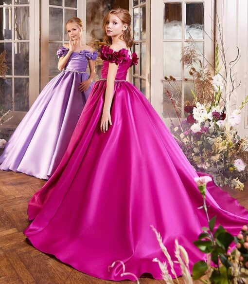 Off Shoulder Flower Girl Dress Wedding Satin Princess Gown with Pockets - Kids Pageant Ball Gown - Image 3