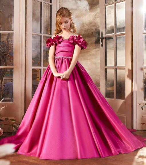 Off Shoulder Flower Girl Dress Wedding Satin Princess Gown with Pockets - Kids Pageant Ball Gown - Image 4