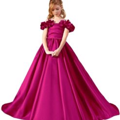 Off Shoulder Flower Girl Dress Wedding Satin Princess Gown with Pockets - Kids Pageant Ball Gown