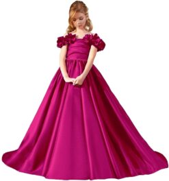 Off Shoulder Flower Girl Dress Wedding Satin Princess Gown with Pockets - Kids Pageant Ball Gown