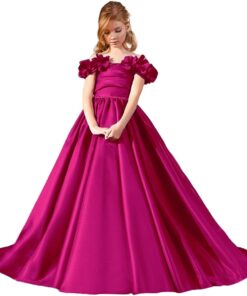 Off Shoulder Flower Girl Dress Wedding Satin Princess Gown with Pockets - Kids Pageant Ball Gown