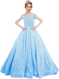Off Shoulder Sequin Flower Girl Dress Wedding Sparkly Pageant Ball Gown Princess Toddler Kids