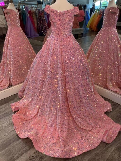 Off Shoulder Sequin Flower Girl Dress Wedding Sparkly Pageant Ball Gown Princess Toddler Kids - Image 2