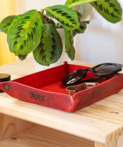 Personalized Leather Catch All Tray - Custom Engraved Valet Tray for Desk & Nightstand - Top Grain Leather Organizer