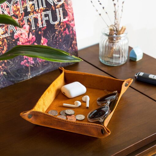 Personalized Leather Catch All Tray - Custom Engraved Valet Tray for Desk & Nightstand - Top Grain Leather Organizer - Image 5