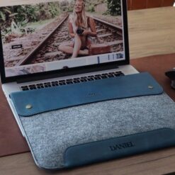 Personalized Leather & Fleece MacBook Sleeve - 16, 15, 14 inch - Custom Engraved Laptop Bag