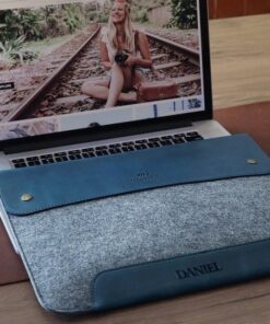 Personalized Leather & Fleece MacBook Sleeve - 16, 15, 14 inch - Custom Engraved Laptop Bag