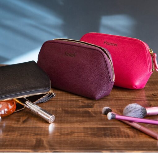Personalized Leather Makeup Bag - Custom Cosmetic Pouch Organizer - Handcrafted Top Grain Leather - Zippered Pocket - Image 3