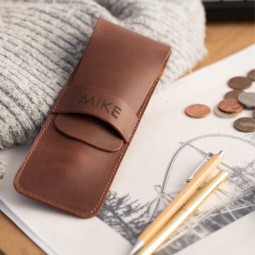 Personalized Leather Pencil Case - Custom Engraved Pen Pouch - Handmade Top Grain Leather Pen Holder - Tuck Flap Closure - Image 2
