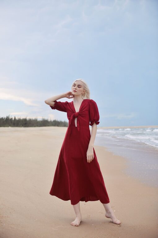 Red Linen Midi Dress with Bow Tie - Women's Summer Casual Sundress - Image 2