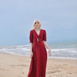 Red Linen Midi Dress with Bow Tie - Women's Summer Casual Sundress