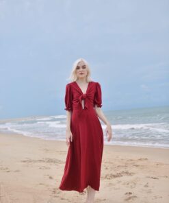 Red Linen Midi Dress with Bow Tie - Women's Summer Casual Sundress