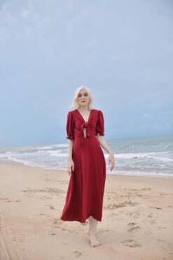 Red Linen Midi Dress with Bow Tie - Women's Summer Casual Sundress