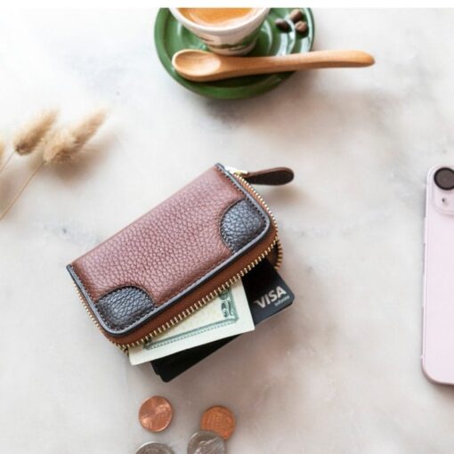 RFID Blocking Leather Checkbook Wallet - Unisex Zipper Card Holder & Coin Purse