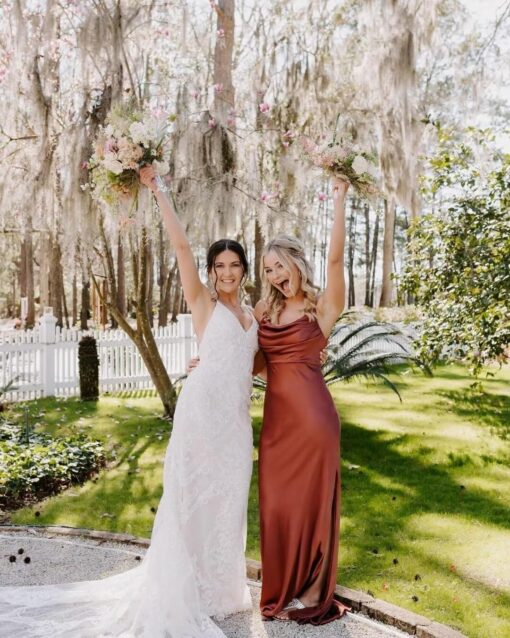 Satin Bridesmaid Dress Spaghetti Strap Slit - Prom Formal Evening Gown - Image 4