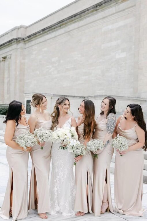 Satin Bridesmaid Dress Spaghetti Strap Slit - Prom Formal Evening Gown - Image 2