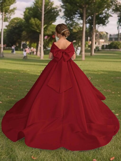 Satin Flower Girl Dress Off Shoulder Bow - First Communion Pageant Gown - Image 4