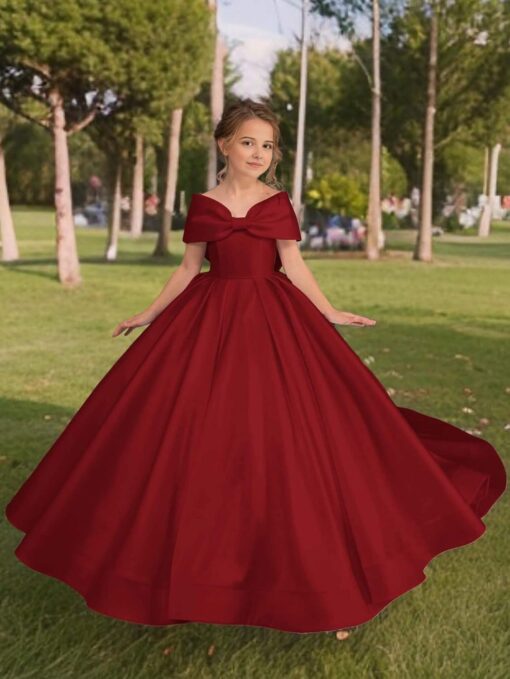Satin Flower Girl Dress Off Shoulder Bow - First Communion Pageant Gown - Image 2
