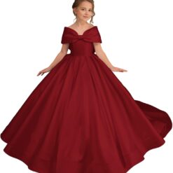 Satin Flower Girl Dress Off Shoulder Bow - First Communion Pageant Gown