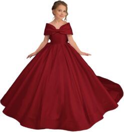 Satin Flower Girl Dress Off Shoulder Bow - First Communion Pageant Gown