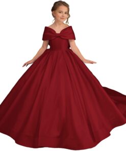 Satin Flower Girl Dress Off Shoulder Bow - First Communion Pageant Gown