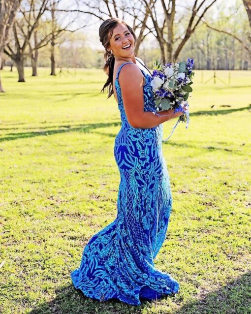 Sequin Mermaid Prom Dress V Neck Spaghetti Straps Sparkly Evening Gown Formal Party - Image 3