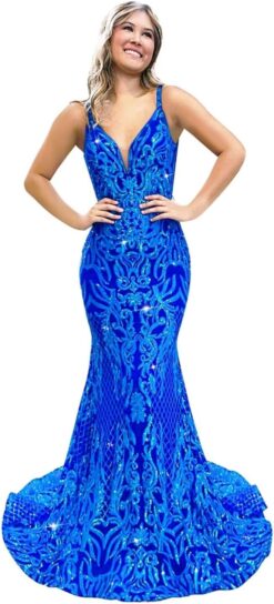 Sequin Mermaid Prom Dress V Neck Spaghetti Straps Sparkly Evening Gown Formal Party