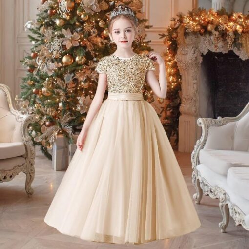 Sequin Tulle Flower Girl Dress Wedding Bridesmaid Gown Birthday Party Pageant Floor Length - Image 4