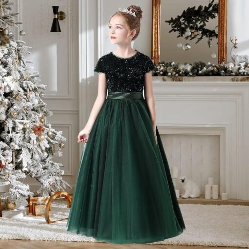 Sequin Tulle Flower Girl Dress Wedding Bridesmaid Gown Birthday Party Pageant Floor Length - Image 2