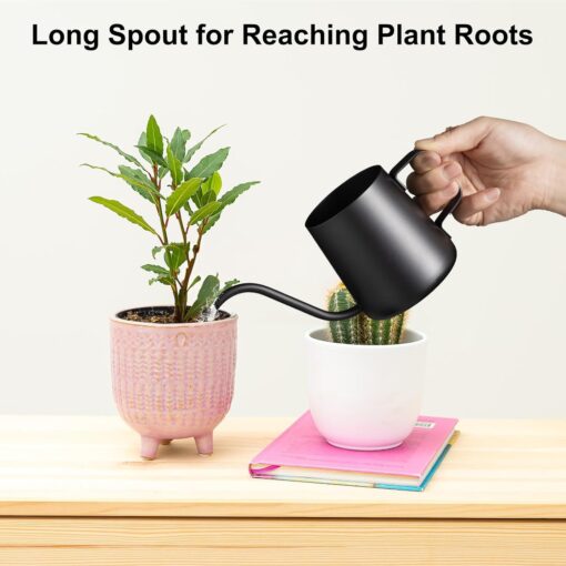 Small Watering Can Indoor Plants - 12oz Stainless Steel Long Spout - Black - Image 2