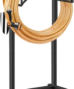 TomCare Heavy Duty Garden Hose Holder - Freestanding 150ft Hose Reel with 2 Tool Hooks - Outdoor Yard Lawn Water Hose Organizer - Black